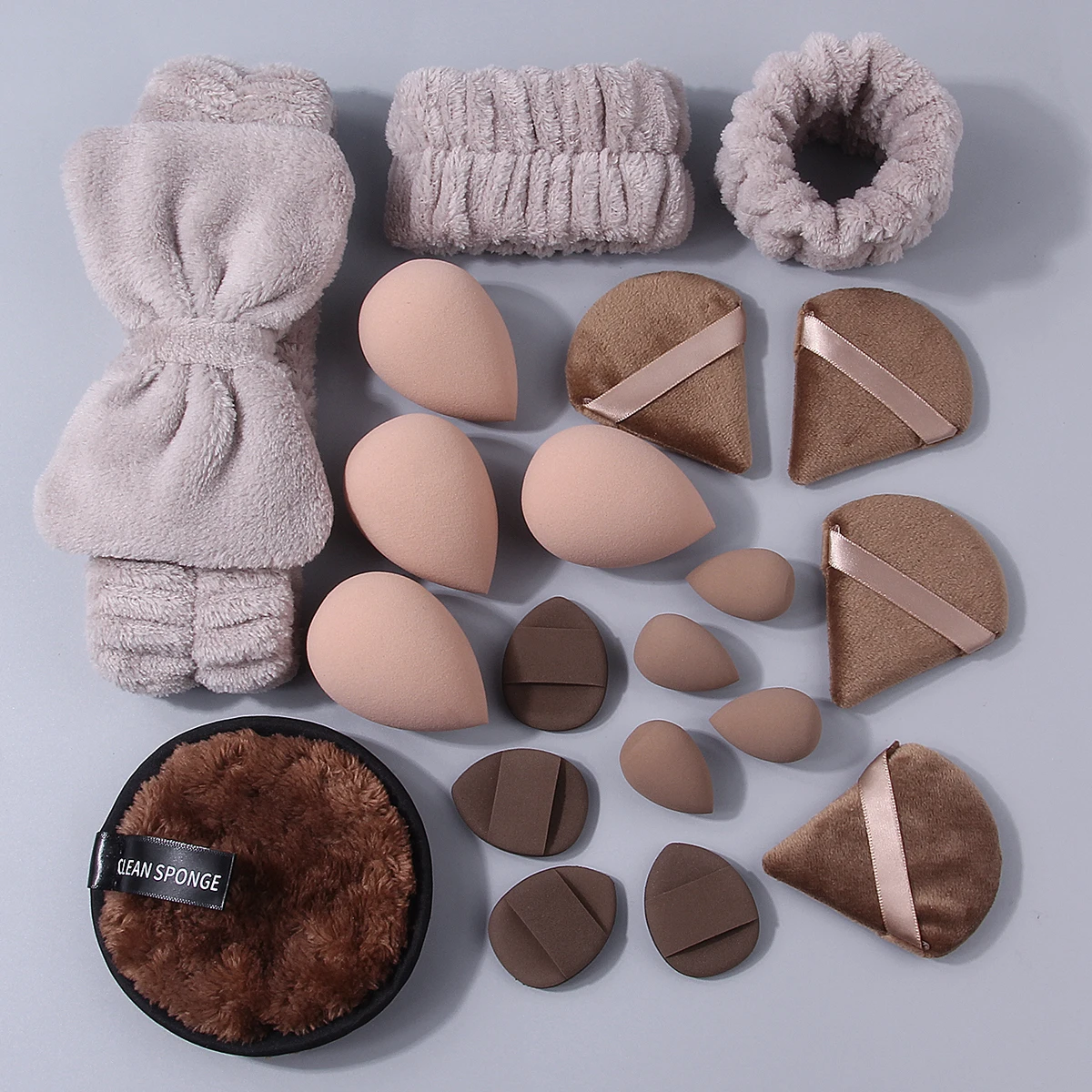 20종 전문가용 페이셜 클렌징 및 메이크업 세트 - 머리끈, 손목 스트랩 + 메이크업 스펀지, 에그 파우더 퍼프 + 세안 퍼프
