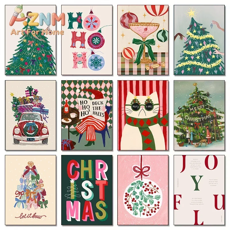 Modern Christmas Tree Ball Decoration Poster Frost Holly Winter Van Canvas Painting Snowflake Prints Decorative Home Room Poster