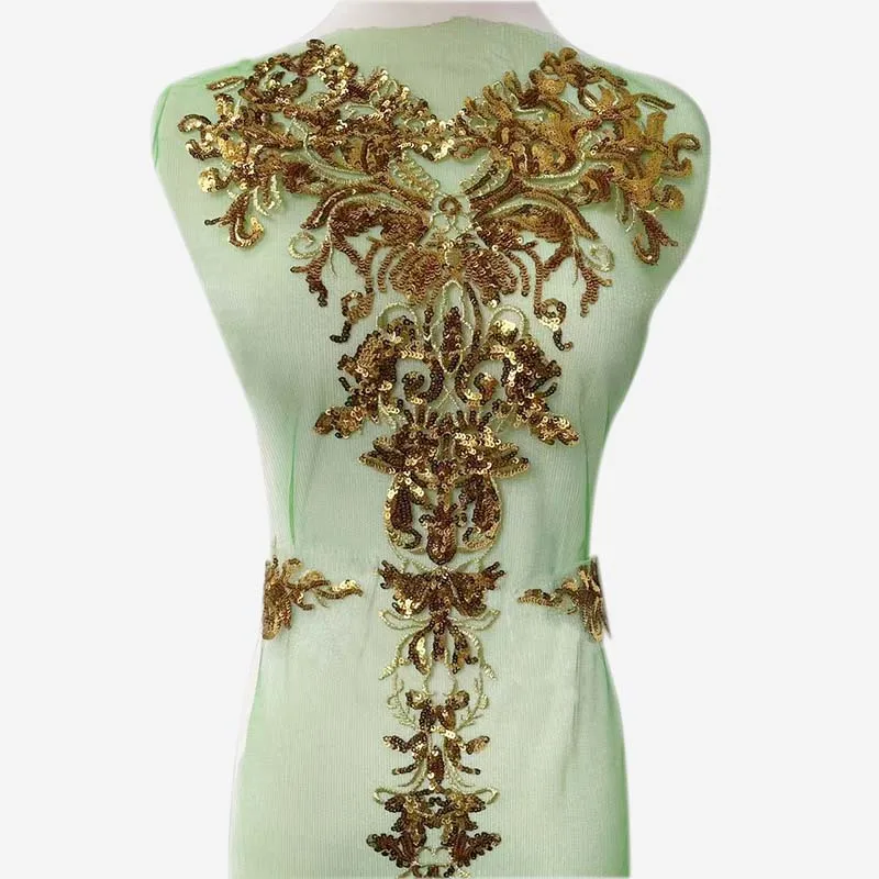 3-teiliges Set, Goldene Pailletten-Blumen-Stickerei-Spitzenapplikation zum Aufnähen, Exquisite Verzierung, Nähzubehör für Hochzeitskleider, Mieder – Detail 5
