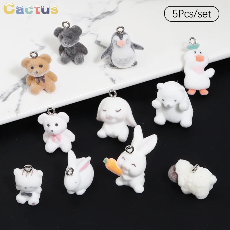 5Pcs/set Cute 3D Flocking Animals Bear Duck Rabbit Penguin Resin Doll Pendant DIY Jewelry Keychain Material Pendant Accessories