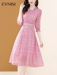 EVNISI Pink Floral Chiffon Dresses Women 2022 Spring And Summer New Temperament A-line V-Neck Print Sweet Vestidos For Women