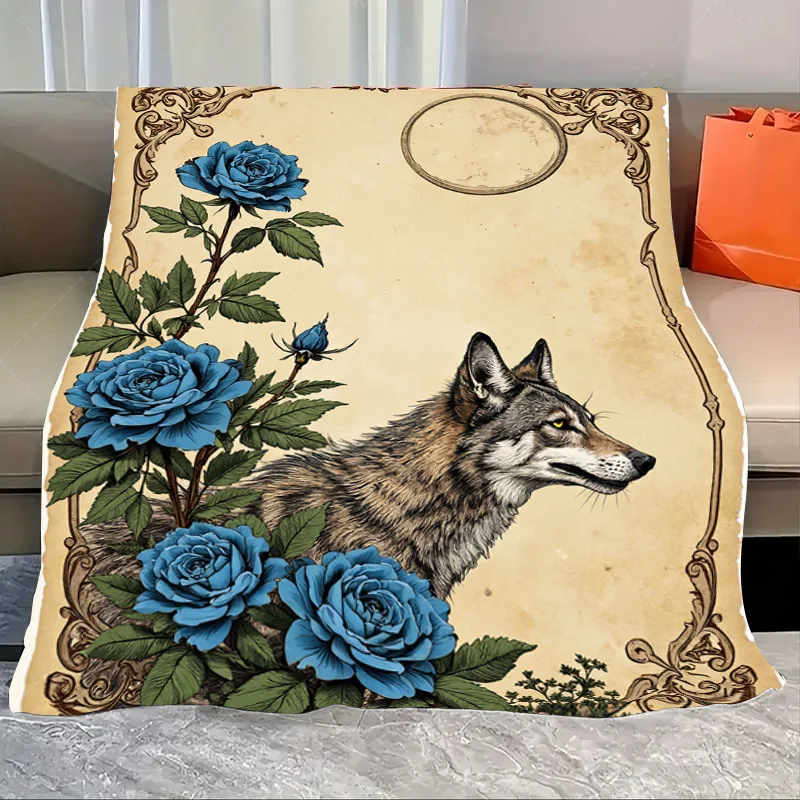 

1pc Flannel Blanket Vintage Wolf and Blue Roses Blanket - Elegant Floral Design Throw