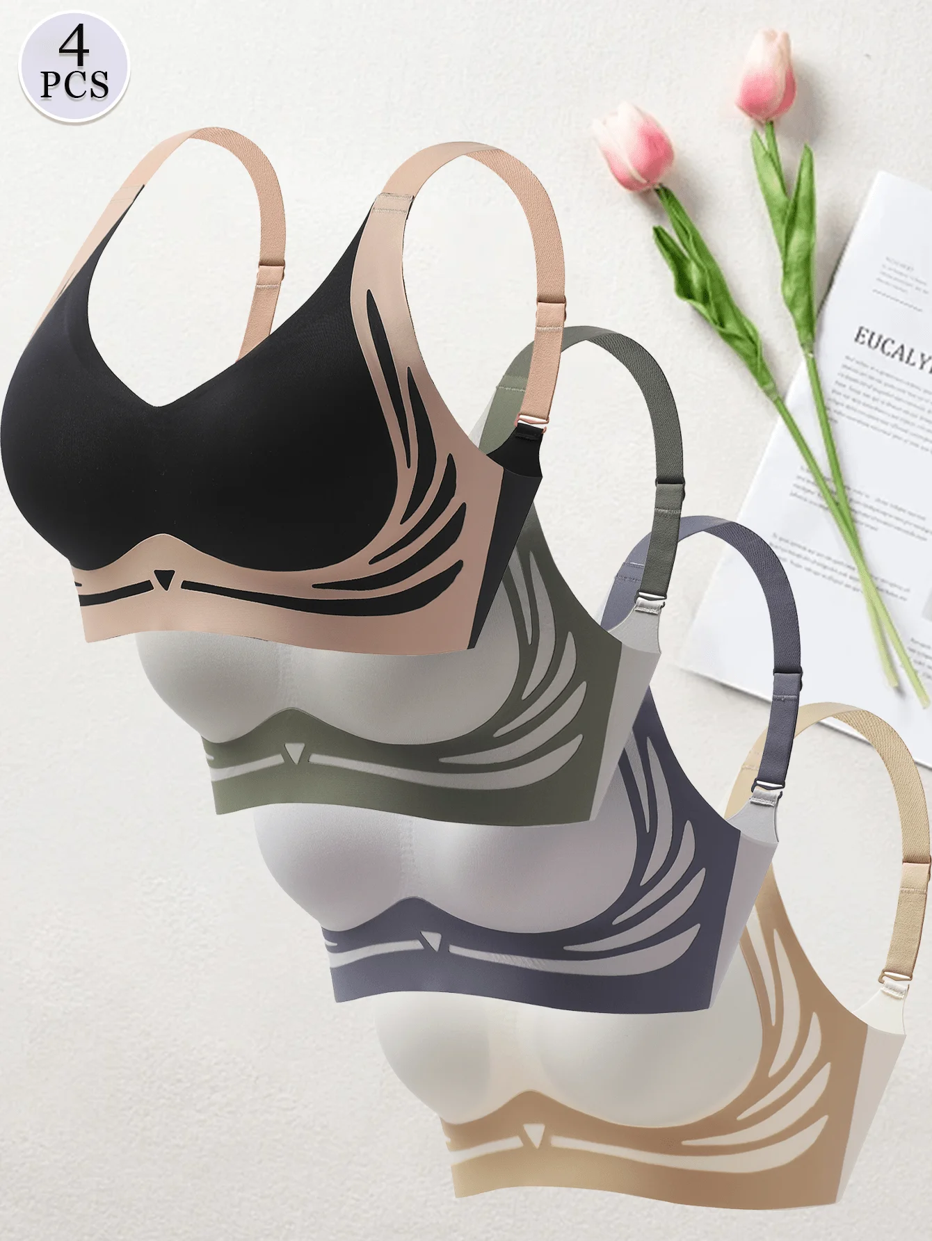 

4 шт. женских удобных бюстгальтеров пуш-ап с регулируемыми бретелями, мягкая дышащая ткань для повседневного ношения