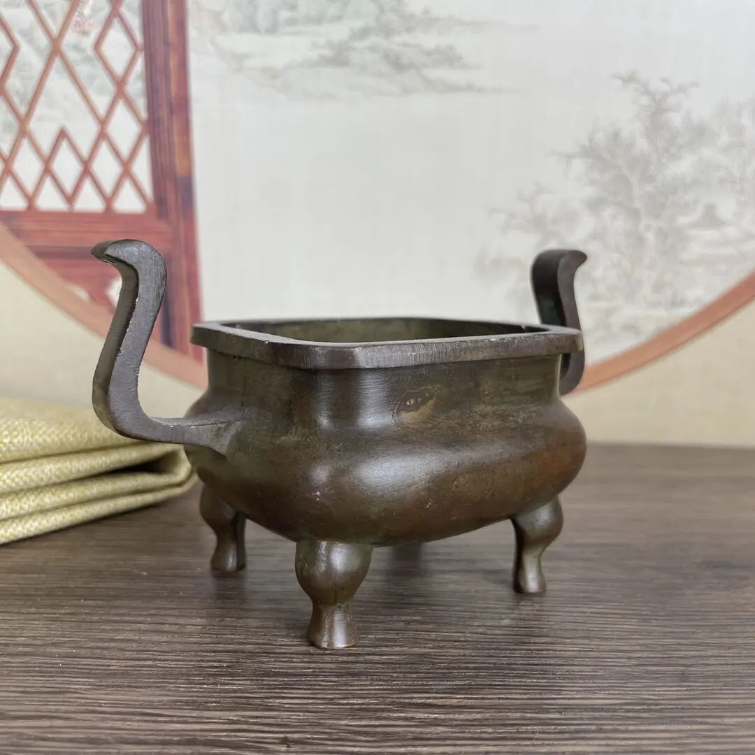 Antique Old Patina Bronze Square Heaven Facing Incense Burner Retro Wenwan Home Office Desktop Decor Ornament