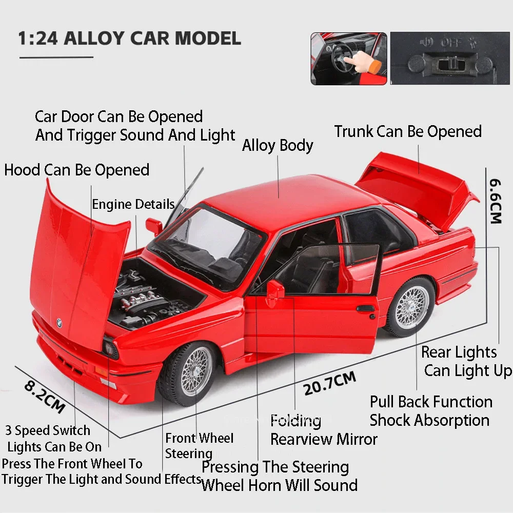 1:24 BMW M3 Miniaturmodell, Legierungsauto, Spielzeug, Druckguss, Metallfahrzeuge, Ton, Licht, zurückziehen, 4 Türen, geöffnet, Spielzeugsammlung, Geschenke für Jungen