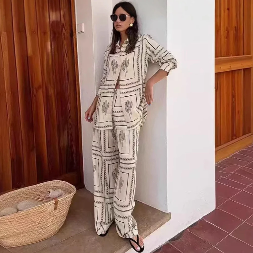 

Women Elegant Print Spring Summer Linen Shirt Pants Suits