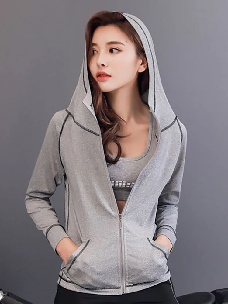 Women Running Jackets Hooded Jacket Quick Dry Jogging Zipper Coat Fitness Clothing Sport Gym Sportswear Sweatshirt Pilates Top