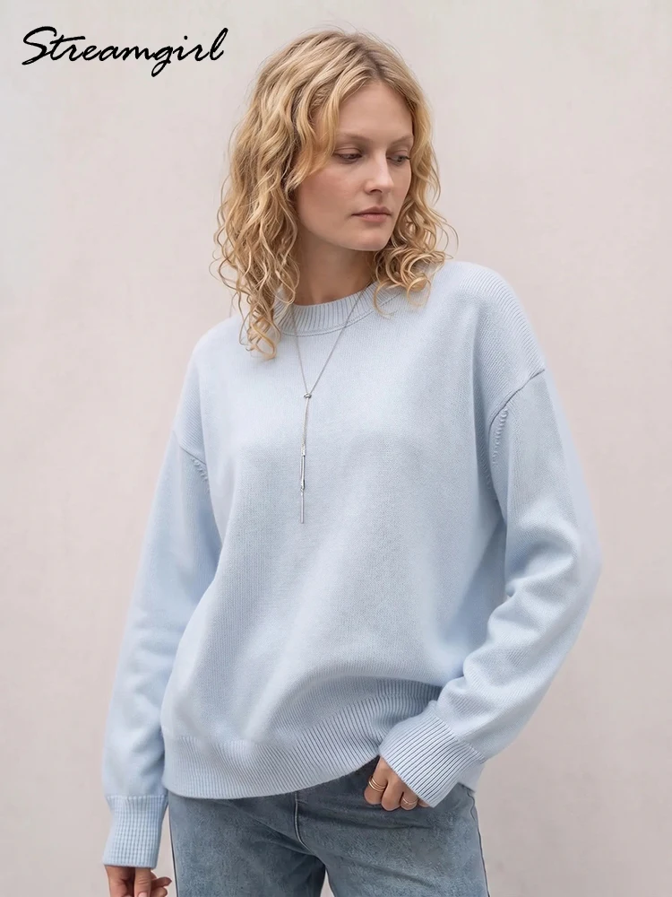Light Blue Oversized Sweaters For Women Trend White Loose Sweater Casual Autumn Winter Warm Thick Knit Sweater Women Jumper