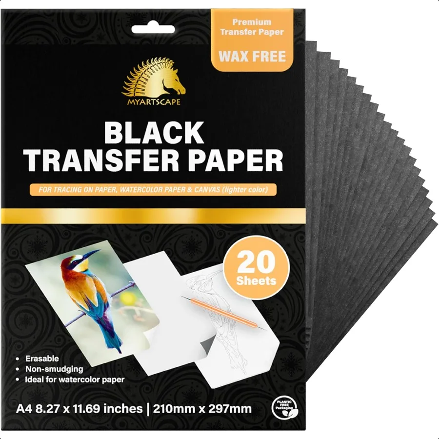 

MyArtscape Graphite Transfer Paper 20 Black Sheets Wax Free Erasable SmudgeFree Ideal for Drawing Tracing and Watercolor Transf