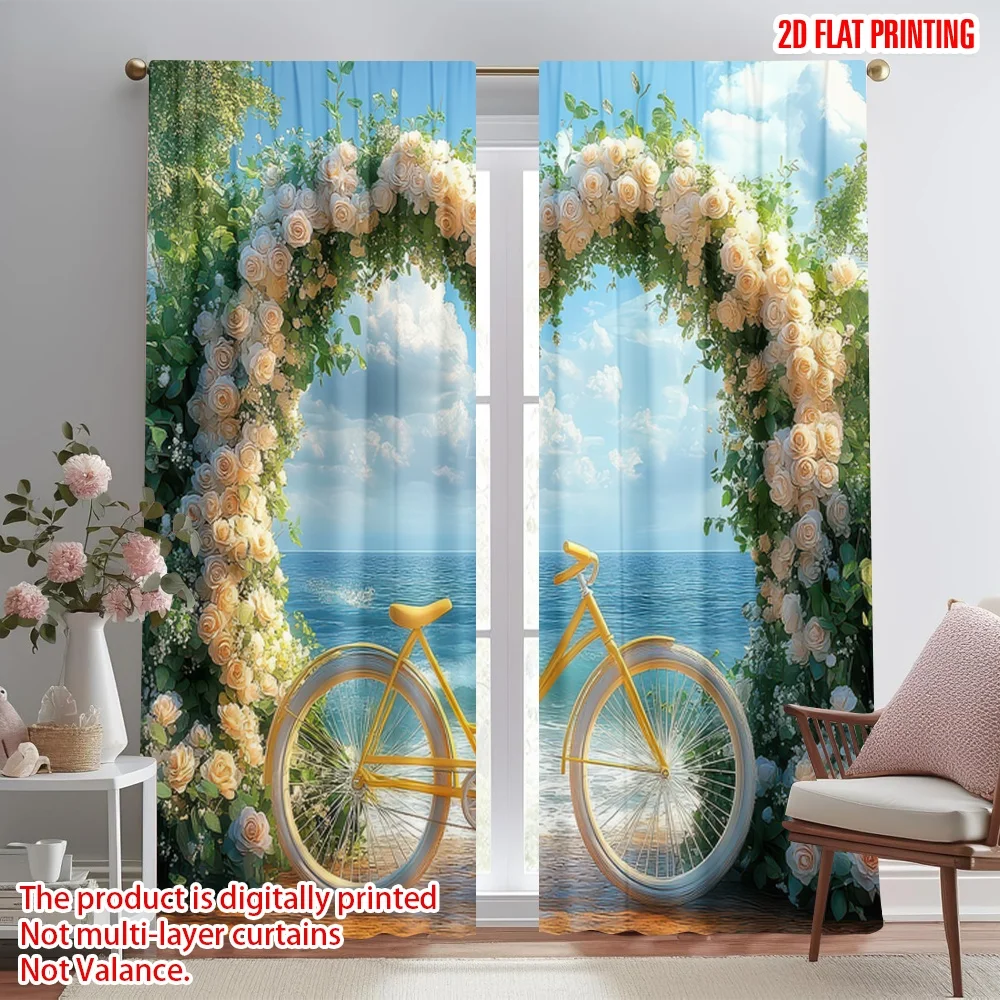 

2D flat printing 2pcs Curtains Wedding Heart Sea Scene Digital Printed Polyester Drapes Festive Wall Decor Use for Booths Studio