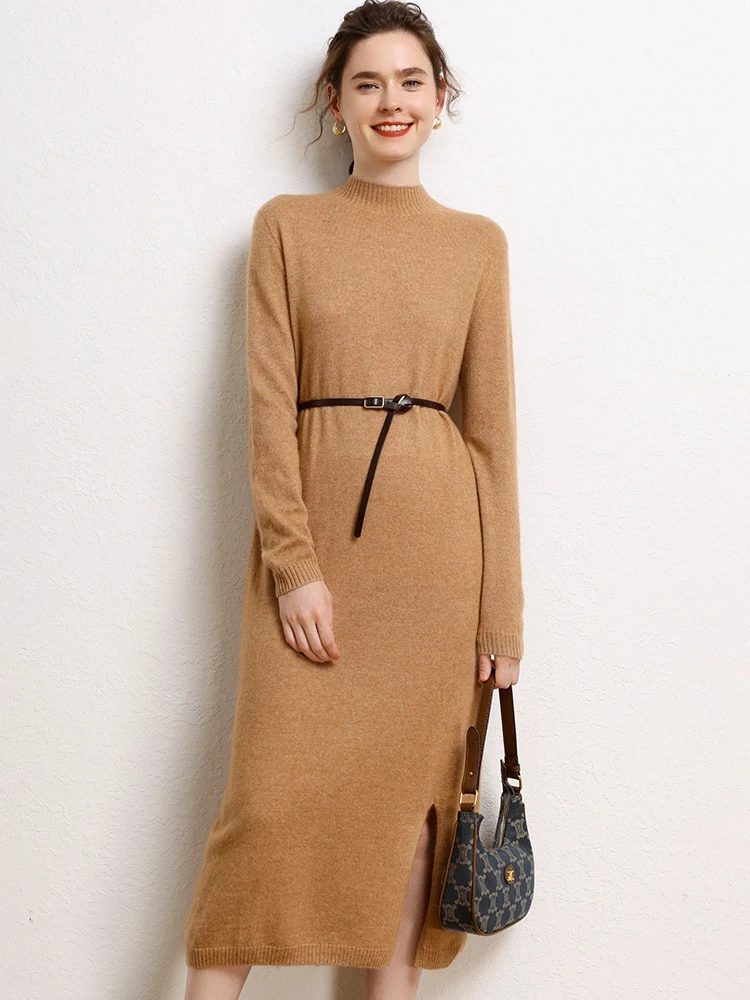 

Women's Elegant Grace Thick Pullover Dress Soft Warm Autumn Winter Casual Loose Long Sleeves Mock Neck 100% Cashmere Sweater