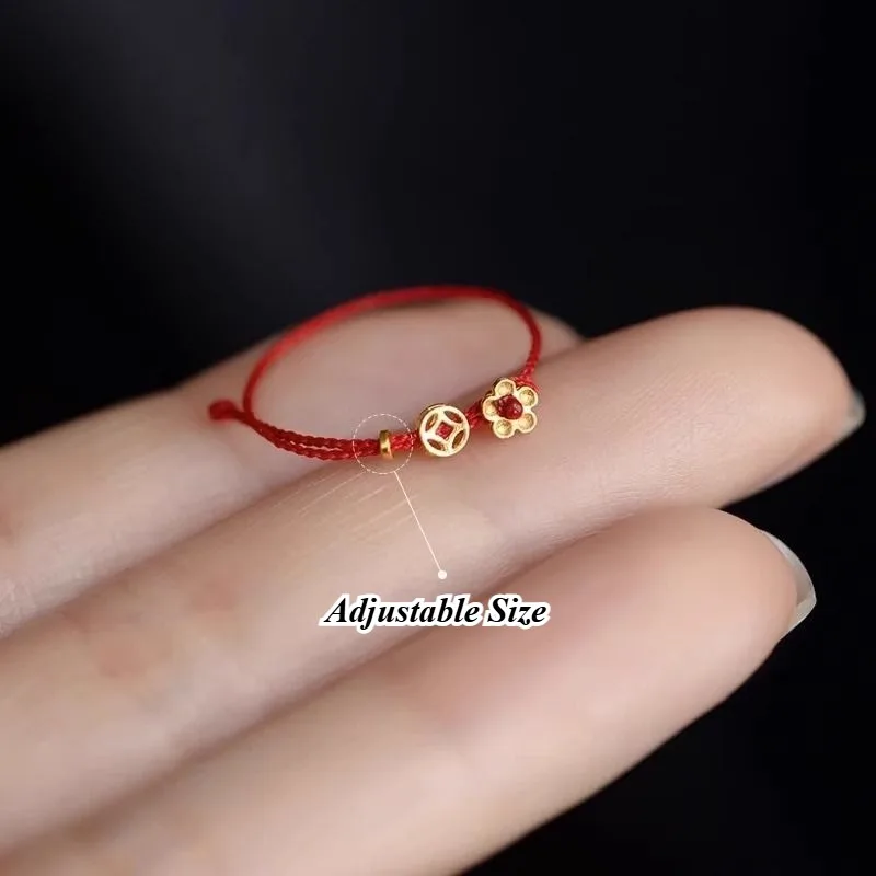 Anillo de Oro Trenzado para Mujer, Diseño Simple y Moderno, Hecho a Mano con Cuerda Trenzada y Hilo Rojo, Regalo Ideal para Mejores Amigas