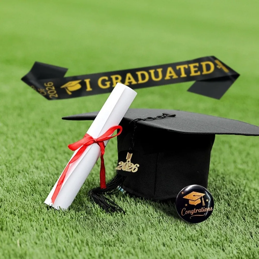 Black Golden Graduation Set Class of 2026 With Tassel Tassel Bachelor Cap Plain Cloth Badge Satin Graduation Shoulder Strap