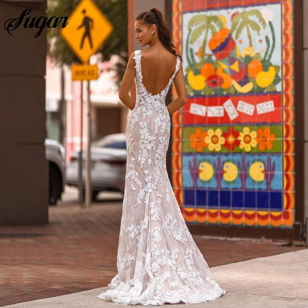 Vestido de novia de satén con apliques florales de encaje, vestido de novia elegante, ilusión de sirena, escote redondo, Espalda descubierta, Sexy