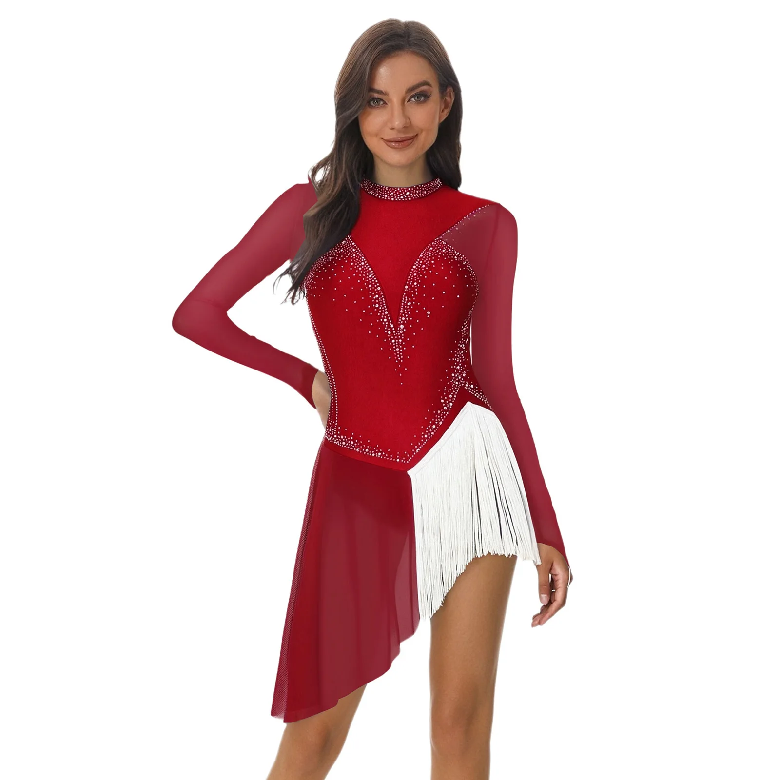 Womens Adult Lyrical Contemporary Dance Dress Sparkly Rhinestone Figure Ice Skating Dress Long Sleeve Fringe Ballerina Costumes