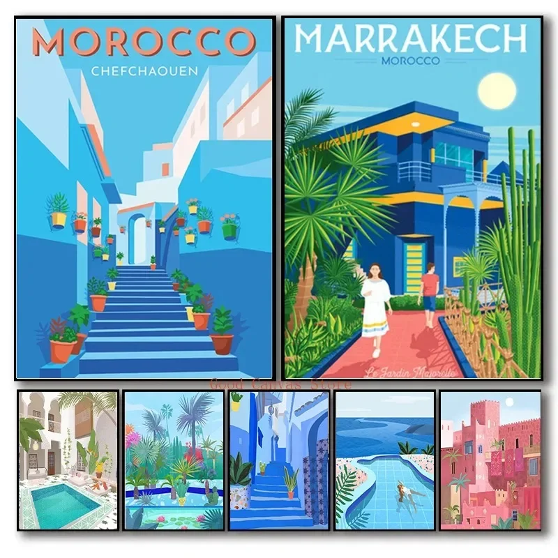 الشارع الفني المغرب Marrakech السفر الملصقات الحد الأدنى طباعة حائط لوح رسم الفن لغرفة المعيشة ديكور المنزل الحديث