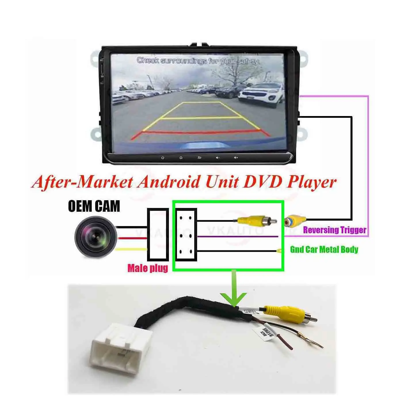 VKAUTO Reverse Camera Adapter RCA Cable For kia Soul 2014 2015 2016 Oem Camera Work With After-market Android Unit DVD Player