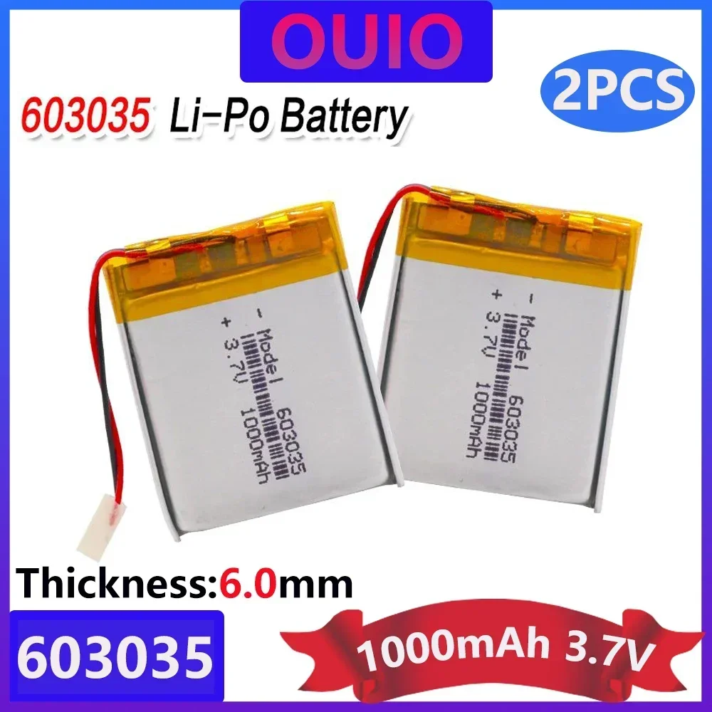 2pcs Polymer Battery 3.7V Lithium Polymer Battery 603035 1000mAh Game Machine MP3 MP4 MP5 Lithium Battery GPS Navigator