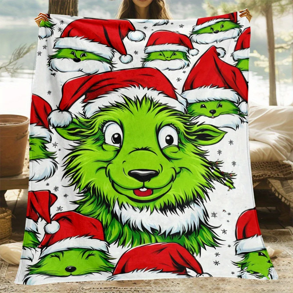 Festive Green Creature Flannel Blanket, Christmas Theme Soft Throw, All Season Knit Polyester, Machine Washable Cozy Decor