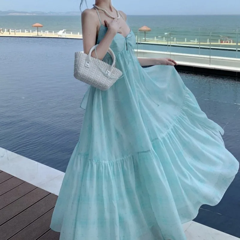 2025 Nuovo Casual Verde Menta Abito da Donna Estivo Streetwear Fata Appeso al Collo Elegante Stampa Floreale Abiti Maxi con Spalle Scoperte
