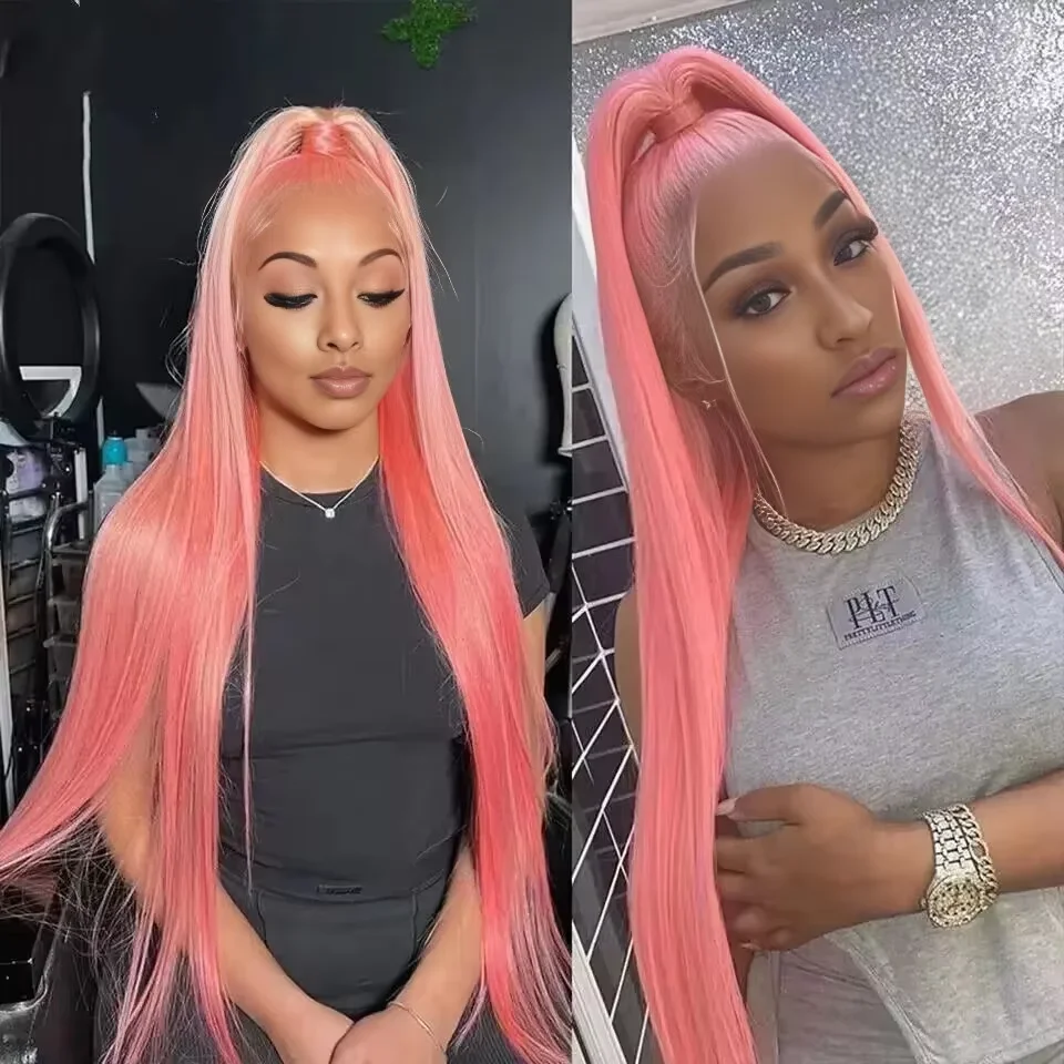 Pink 30 inch lace front wig human hair wig straight hd lace frontal wig 13x6 wig humain hair for Women on sale clearance