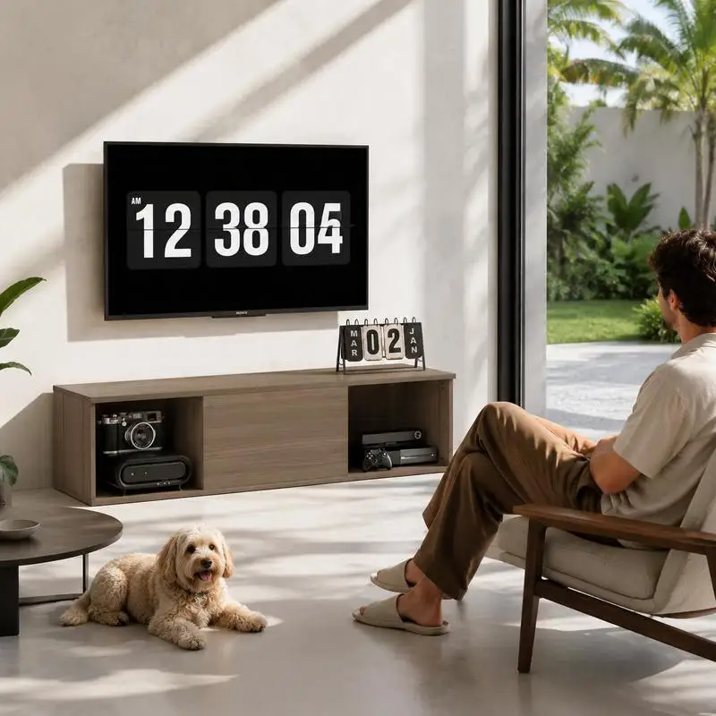 Meuble TV suspendu et armoire murale marron, dimensions 120 x 30 x 29,5 cm, doté de deux grands compartiments ouverts et d'une porte rabattable, rangement discret et design minimaliste pratique, adapté au salon, à la salle de séjour et aux espaces de vie familiaux modernes.