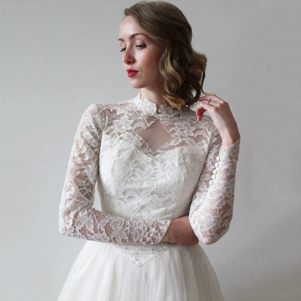 

High Neck Bride Robes Vintage Customized Lace Classic Long Sleeve Wedding Dresses A Line Bridal Gown Elegant vestido de novia