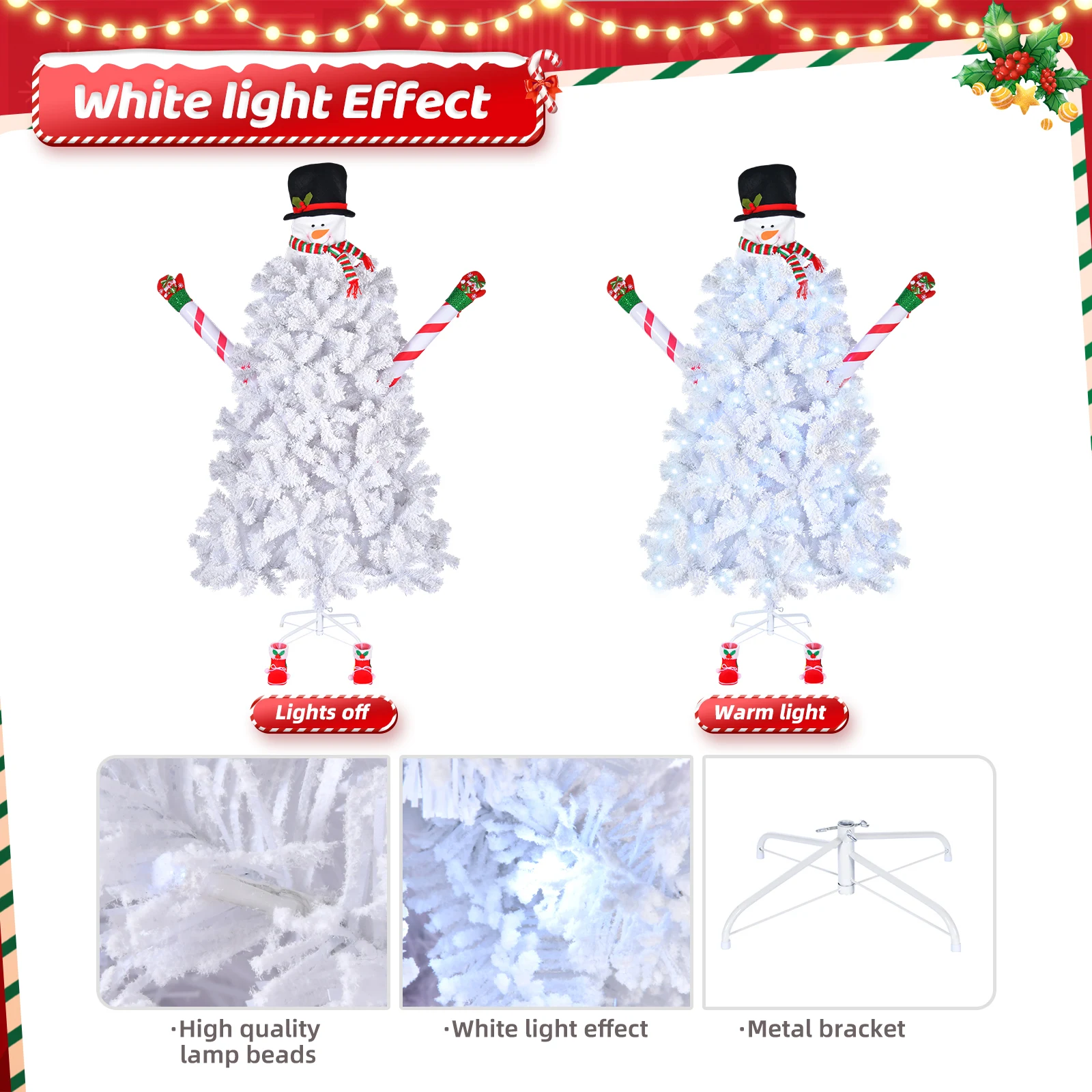 6.5ft Automatic Tree Structure Snowman Shape PVC Material 700 Branches White Flocking 140 Lights