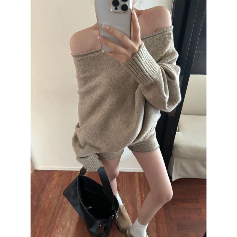 Deeptown sexy schulter freie Frauen pullover koreanische Strickwaren lässig übergroße Langarm pullover elegante Slash Neck Trikots