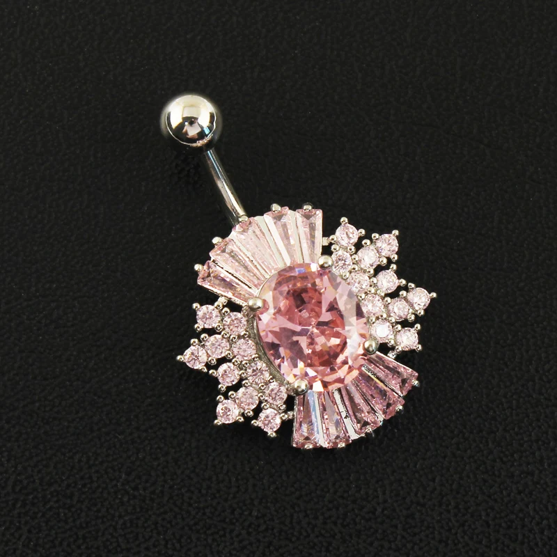 Belly Button Ring Cubic Zirconia Big Stones Clear Pink 14G Stailess Steel Rod Body Piercing Flower Navel Bar Umbilical Jewelry