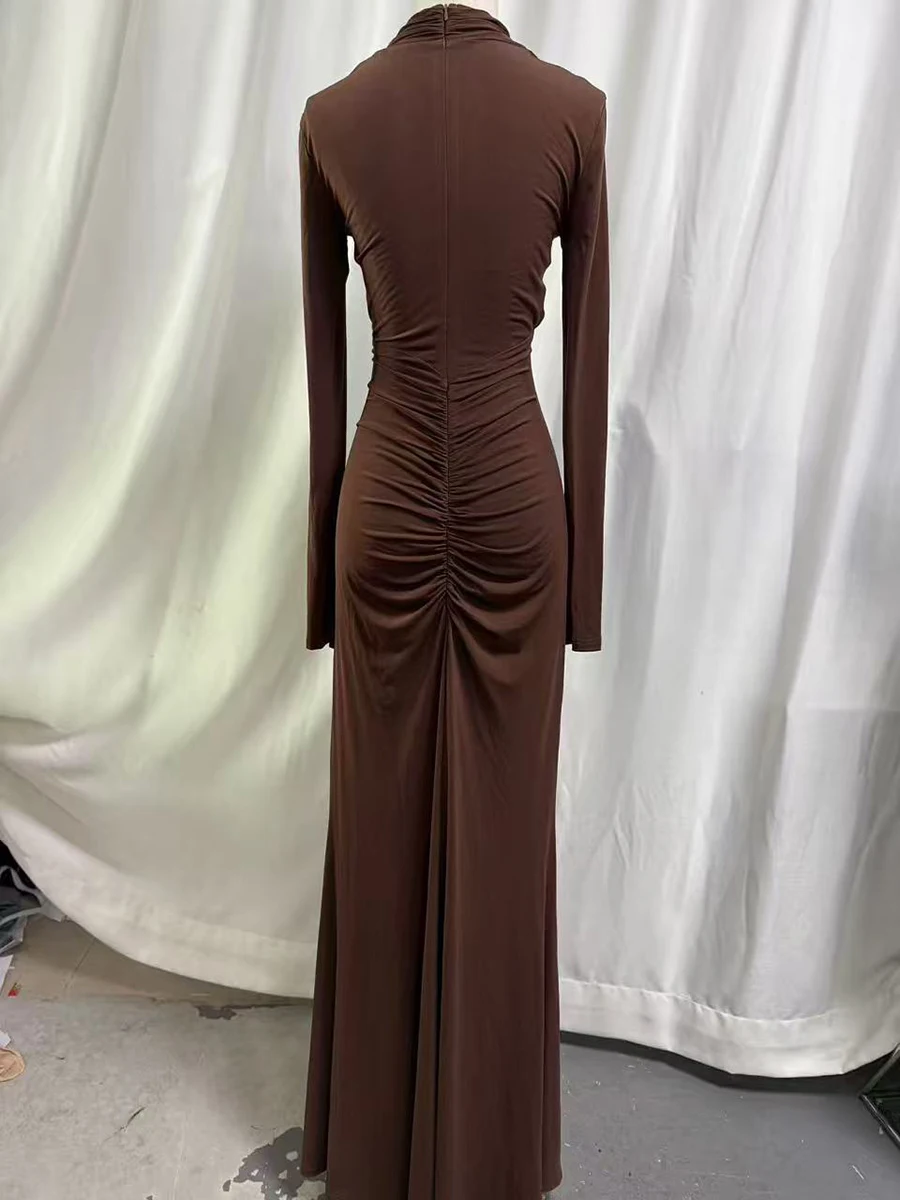 ชุดเดรสเซ็กซี่ทรงเข้ารูป TWOTWINSTYLE สำหรับผู้หญิง คอสูง แขนยาว แต่งผ้าต่อกัน จับจีบ เอวสูง เสื้อผ้าผู้หญิง