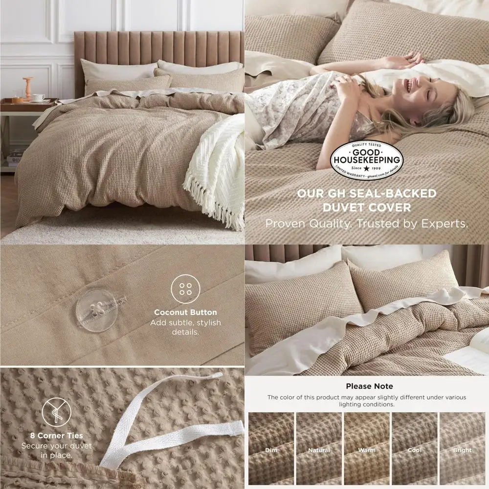 

Cotton Waffle Weave Duvet Cover - 100% Cotton Khaki Queen Size Bedding, Soft and Breathable Tan, Gentle Comfort for Your Sleep