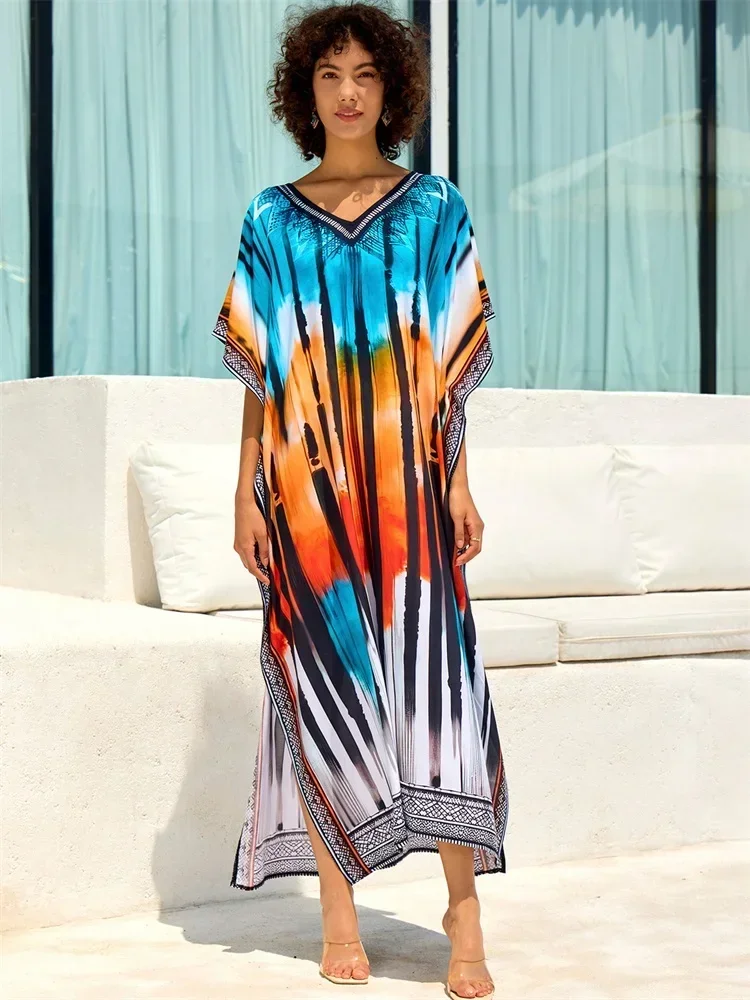 Boho Blue Plus Size Kaftan Striped Printed 2024 Summer Vacation Women Long Beach Dress Lounge Wear Sexy Swimsuit Cover Up Q1674