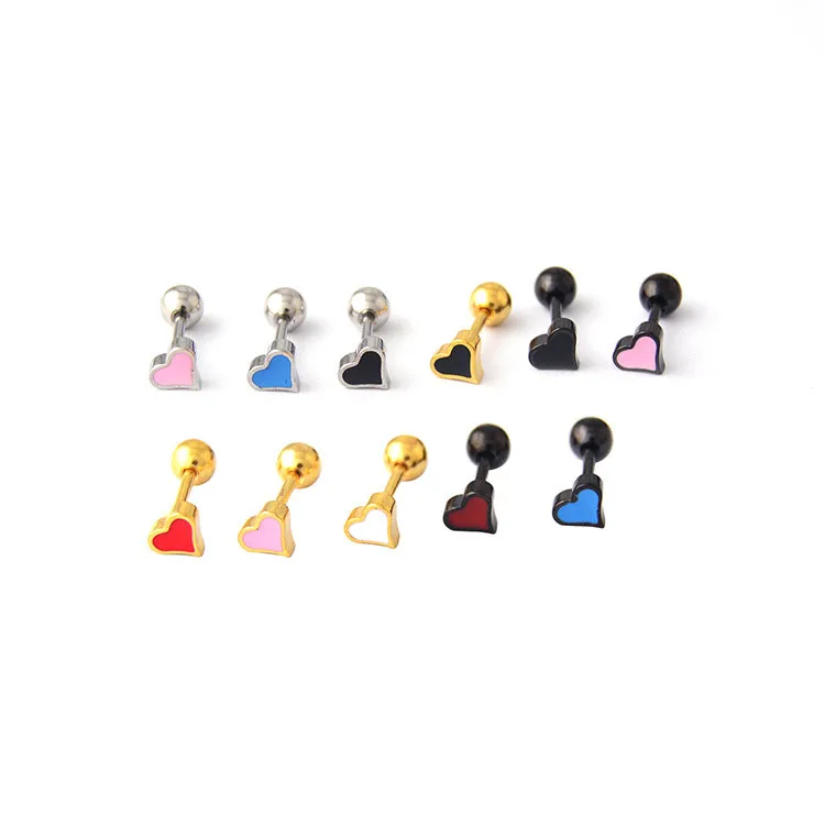 

1Pc Fashion Cute Blue Pink Red Black Enamel Love Heart Studs Earrings for Women Stainless Steel Cartilage Helix Piercing Earring