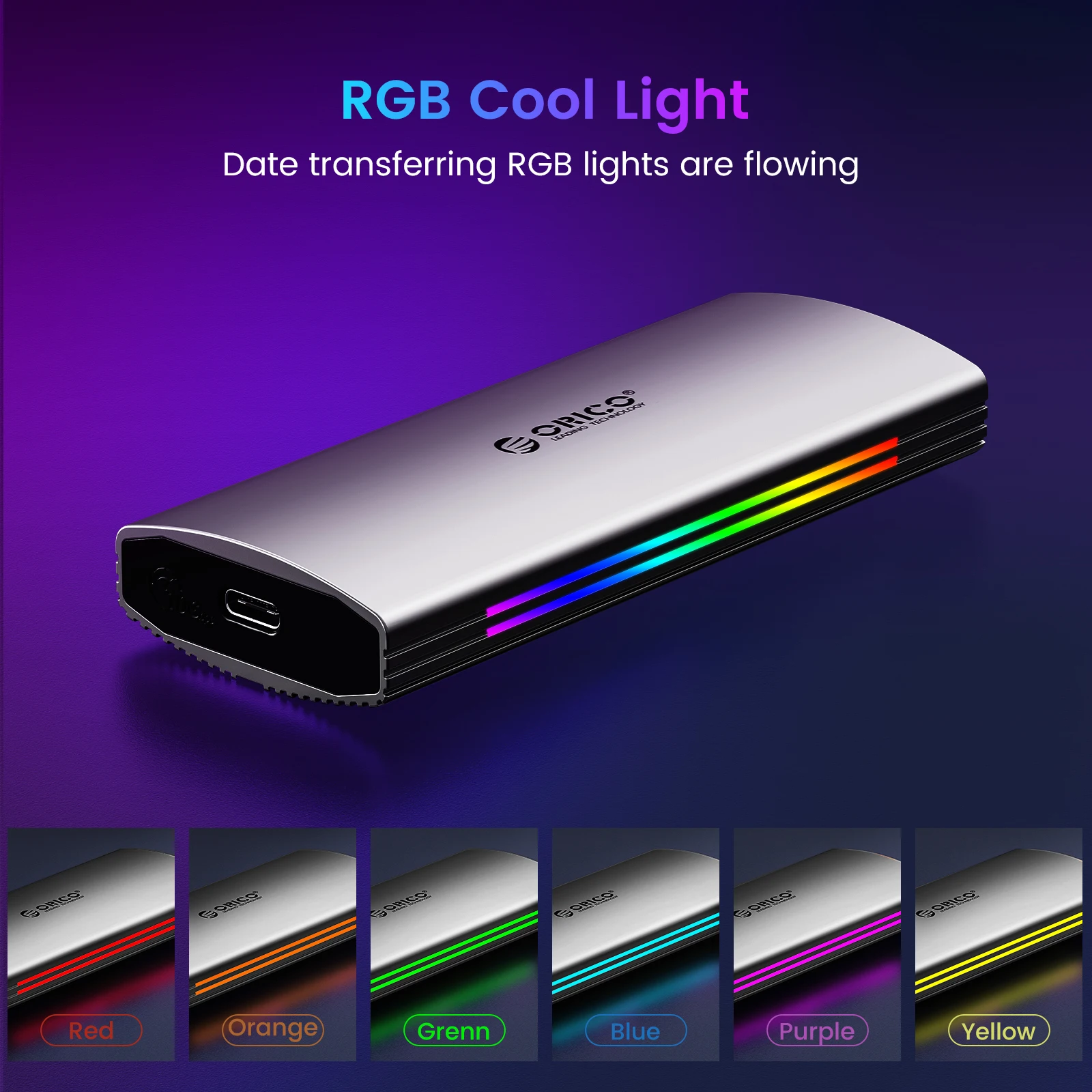 ORICO RGB 10Gbps M2 NVMe SSD Enclosure Aluminum USB3.1 Gen2 Case for M Key M&B Key Solid State Drive for Gamer Video Editing