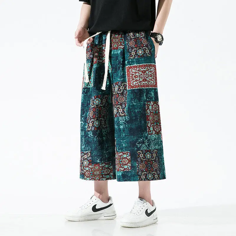 

Мужские свободные брюки из хлопка и льна в стиле ретро с цветочным принтом, прямые пляжные широкие брюки больших размеров, удобные повседневные летние брюки