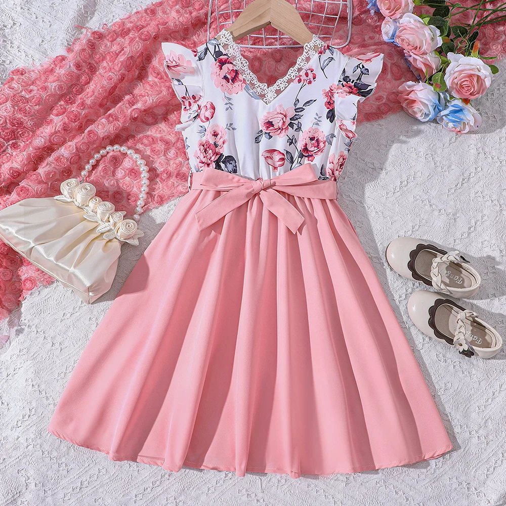 Summer New Romantic Flower Spliced Lace Lace Casual Dress for Middle School Children and Girls