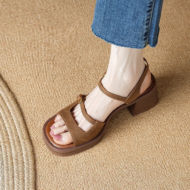 Women Sandals Handmade Vintage Square Toe Tuckle Strap Shoes New Lady Summer Beach Casual Pumps