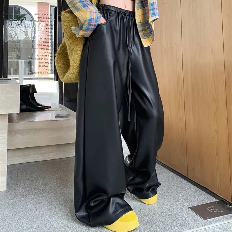 Black Harajuku Loose Leather Women Straight High Waisted Y2K Lazy Trousers Fashion Pu Biker Racing Hiphop Dance Wide Leg Pants