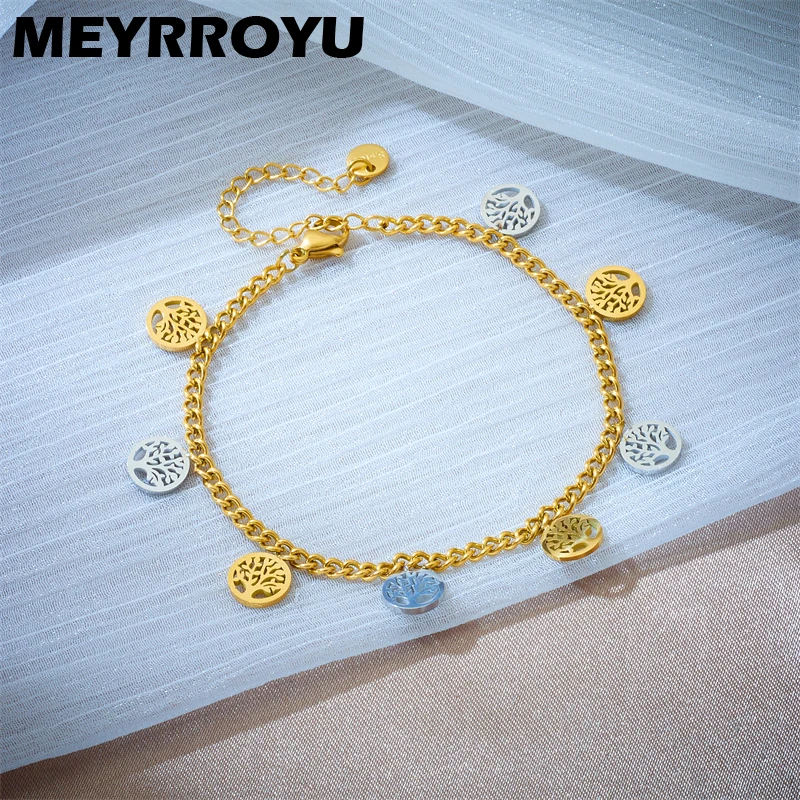 MEYRROYU 316L Stainless Steel Charm Bracelet for Women Round Tree of Life Bangles Non Fading Wrist Jewelry Party Gift Wholesale