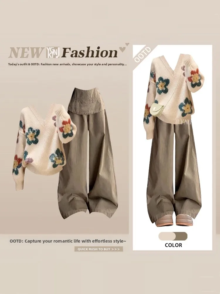 

Retro Floral Pattern V-Neck Spring Sweater Loose Khaki Wide Leg Workwear Pants High Waist Two-Piece Set Women's Fashion