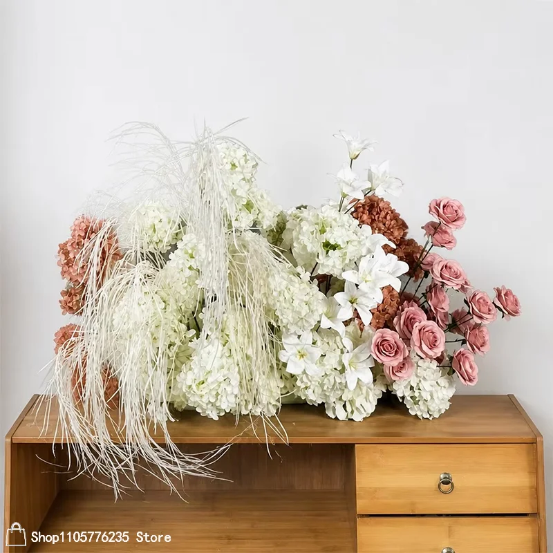 5D Künstliche Terrakotta Weiße Hortensie Hochzeitsblumenarrangement Taupe Rosa Rose Mit Orchidee Blumenhintergrund Bühnendekoration für Veranstaltungen – Detail 3