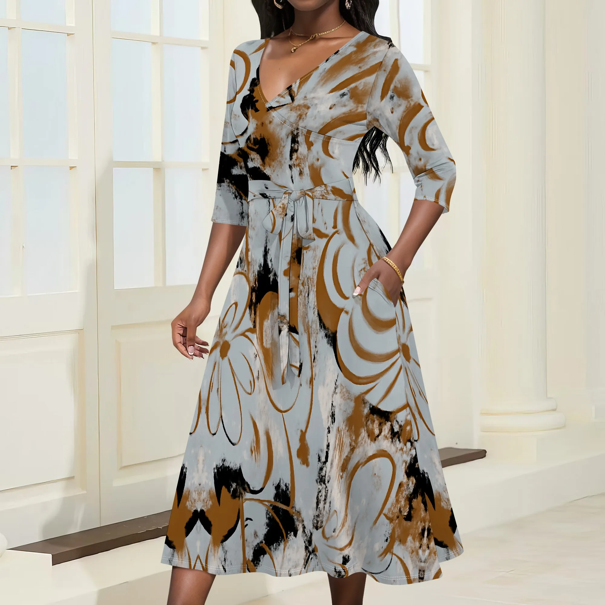 

Abstract Floral Print Midi Dress S‑3XL V‑Neck Belted A‑Line Style with 3/4 Sleeves for Office, Art Gallery or Spring Look
