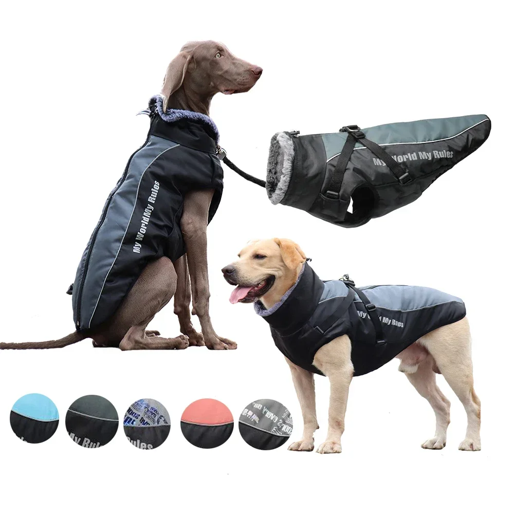 Dog Jacket Winter Coat Dogs Clothes Warm Plush Collar Waterproof Windproof Pet Jacket Hiking Camping With Zipper Reflective Coat