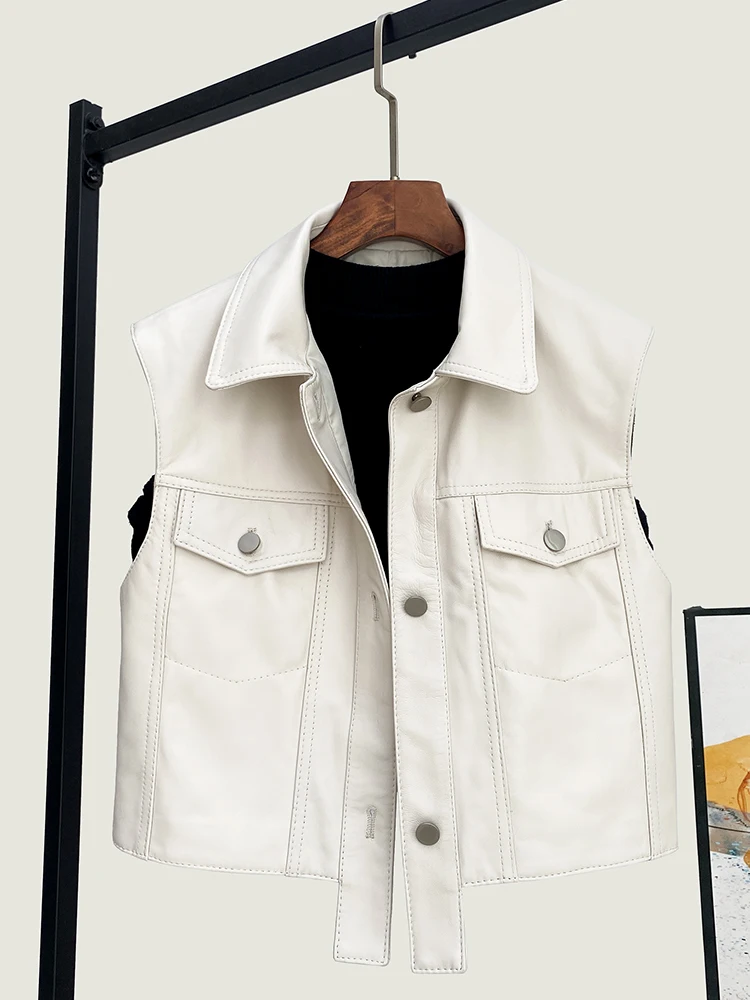 

2025 Spring New High Quality Genuine Real Leather Vest Women's Loose Short Fashion All-Match Top Layer Sheepskin Waistcoat