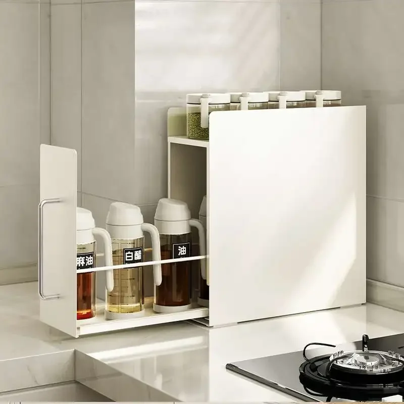 Cream wind kitchen corner seasoning rack countertop dustproof plastic wrap storage rack cabinet