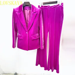 New Long Pants Women's Set Purple Brown Autumn/Winter New Single Button Jacket+Bell Pants Two piece Office Women's Set