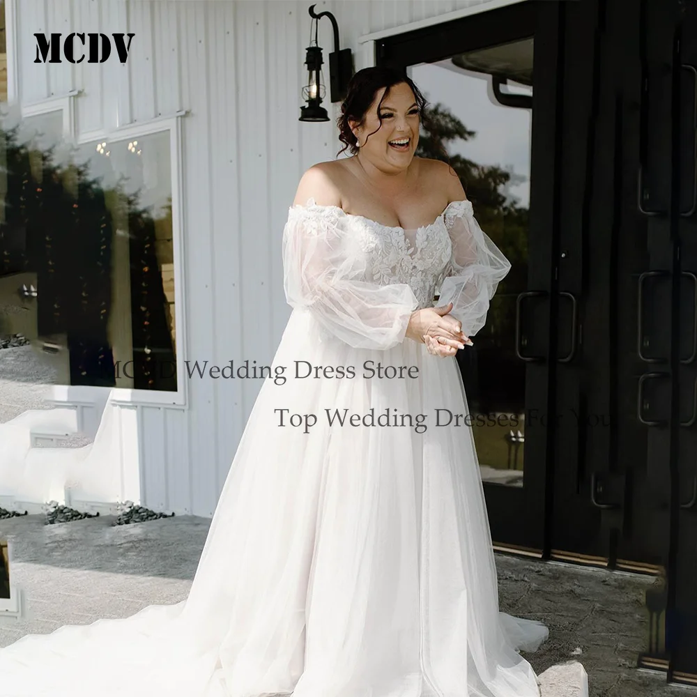 

MCDV Oversze Wedding Dresses Applique Lace Off Shoulder Side Split vestido de novia boda con mangas A-Line Tulle Customized