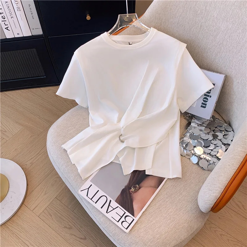 

white T-shirts Women Slim Sweet College Fashion Korean Soft Leisure Cropped Spliced Designed 2024 New Arrival Daily Casual cloth