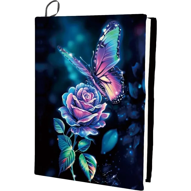 1 pc Butterfly Stretchable Book Cover Rose Flower Washable Reusable Large Nylon Book Protector Suitable for 9 x 11in Hardcover